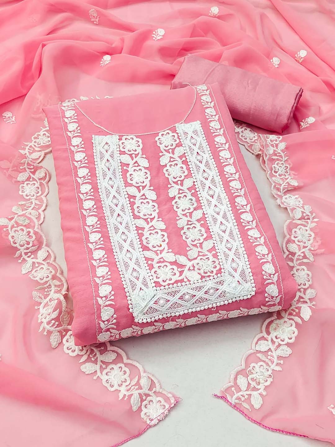 

ZEEPKART Floral Embroidered Unstitched Dress Material, Pink