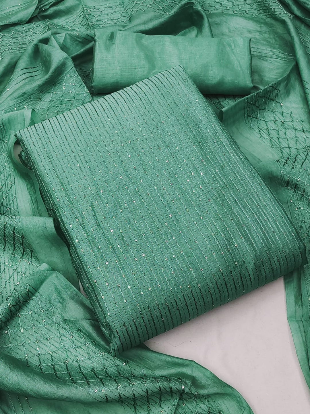 

ZEEPKART Striped Embroidered Unstitched Dress Material, Green