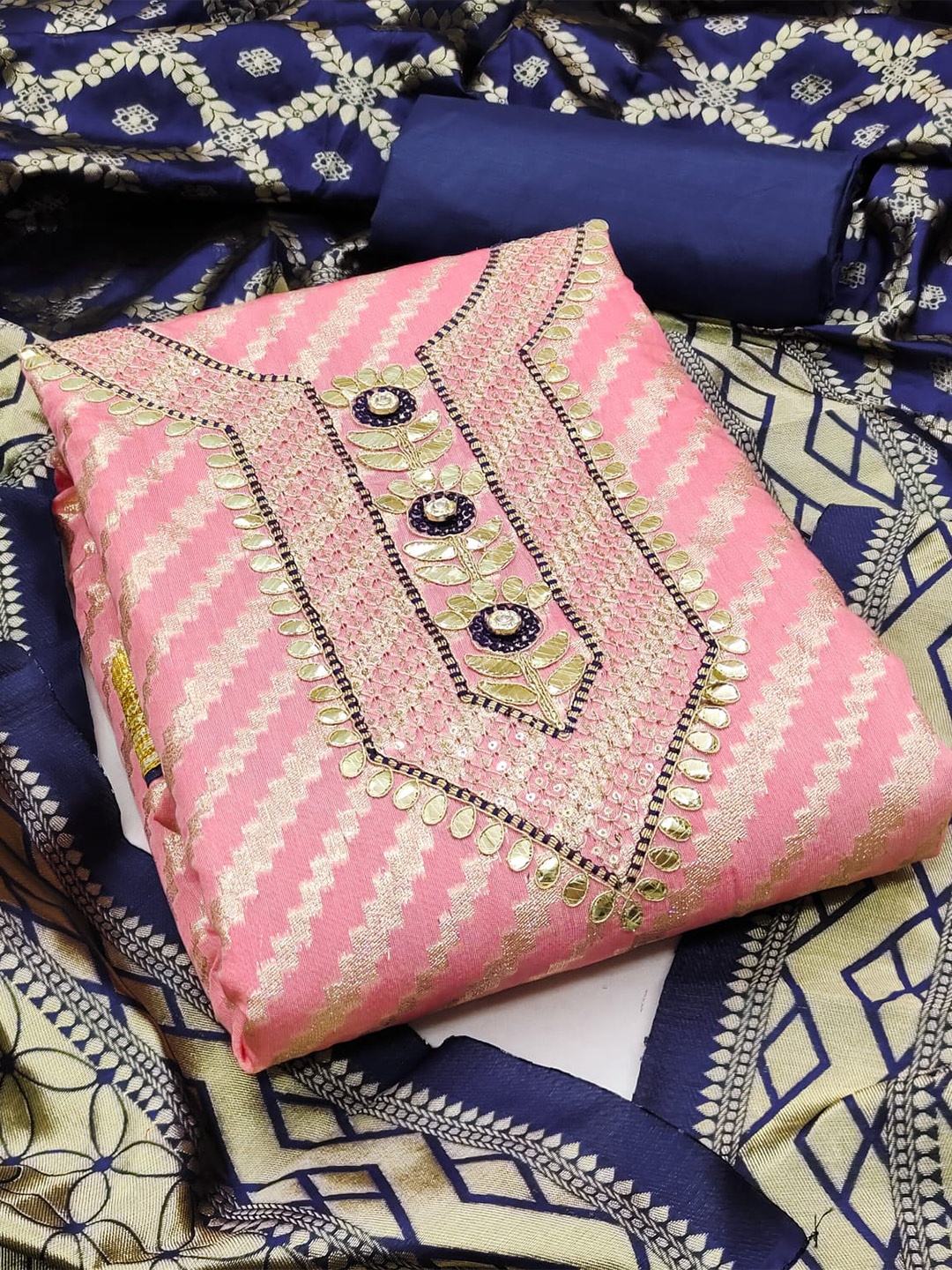 

ZEEPKART Leheriya Woven Design Unstitched Dress Material, Pink