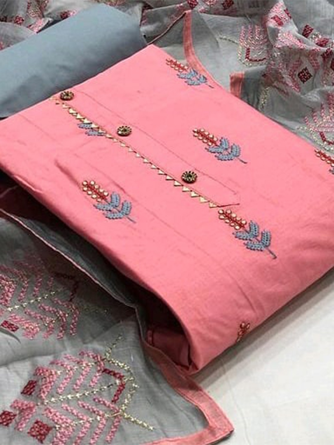 

ZEEPKART Floral Embroidered Unstitched Dress Material, Pink