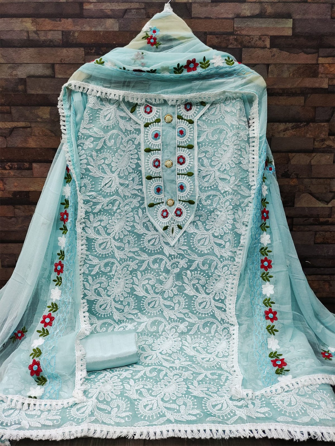 

ZEEPKART Floral Embroidered Unstitched Dress Material, Blue