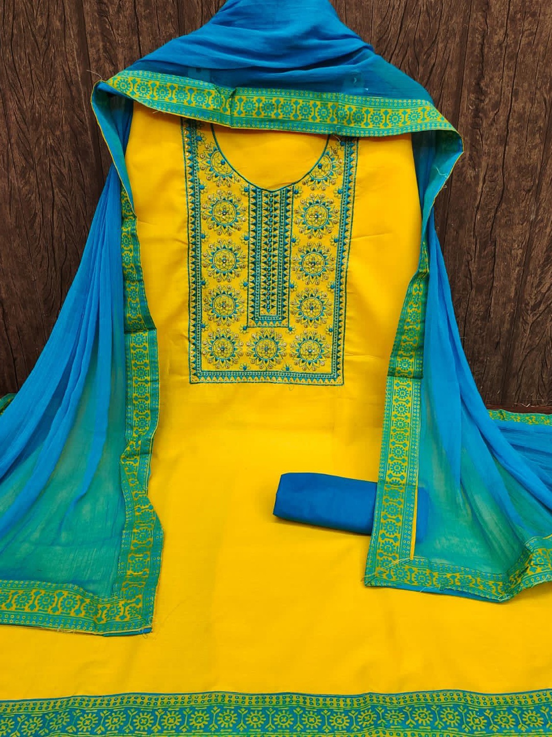 

ZEEPKART Floral Embroidered Unstitched Dress Material, Yellow