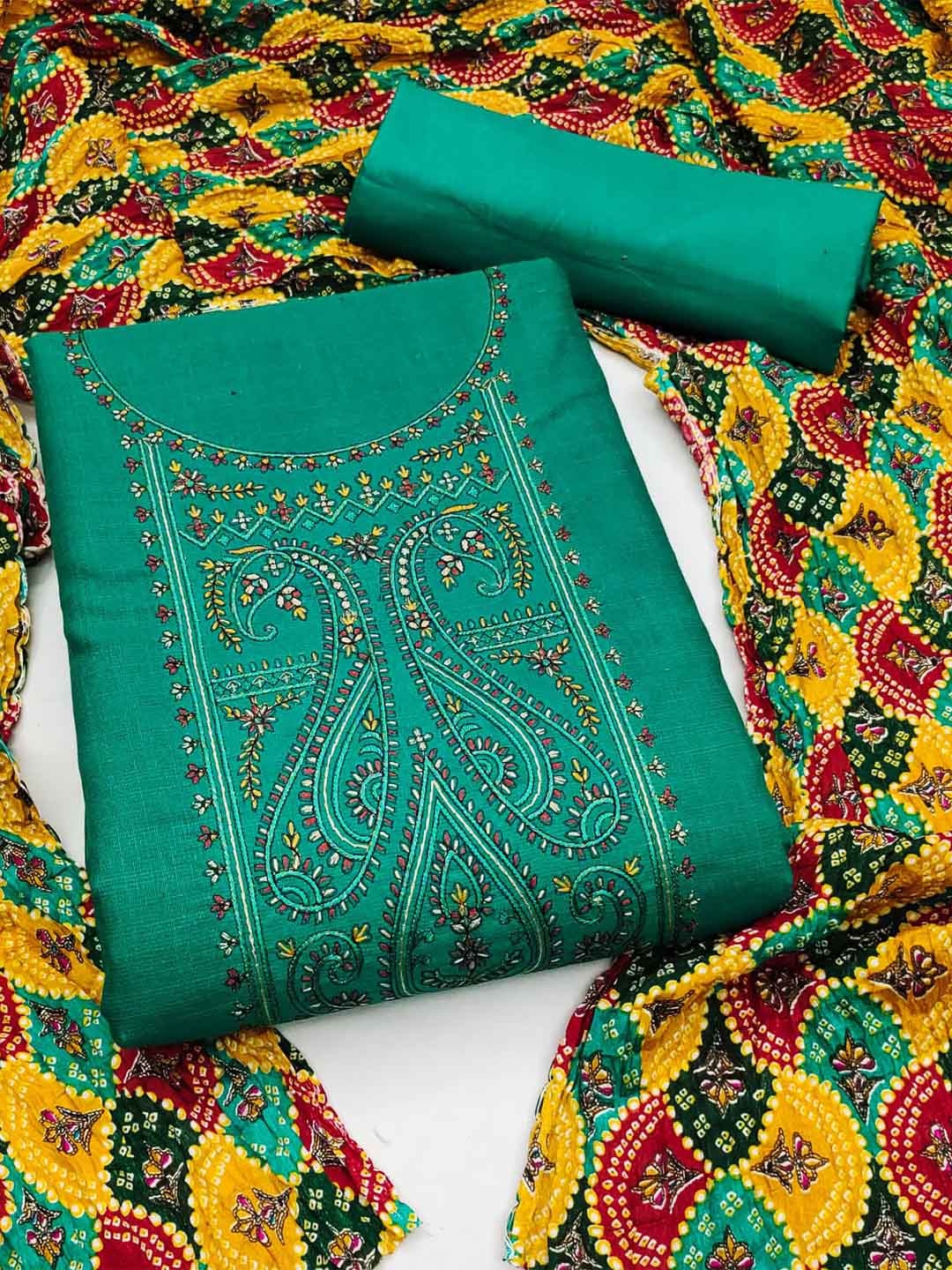 

ZEEPKART Floral Embroidered Unstitched Dress Material, Sea green