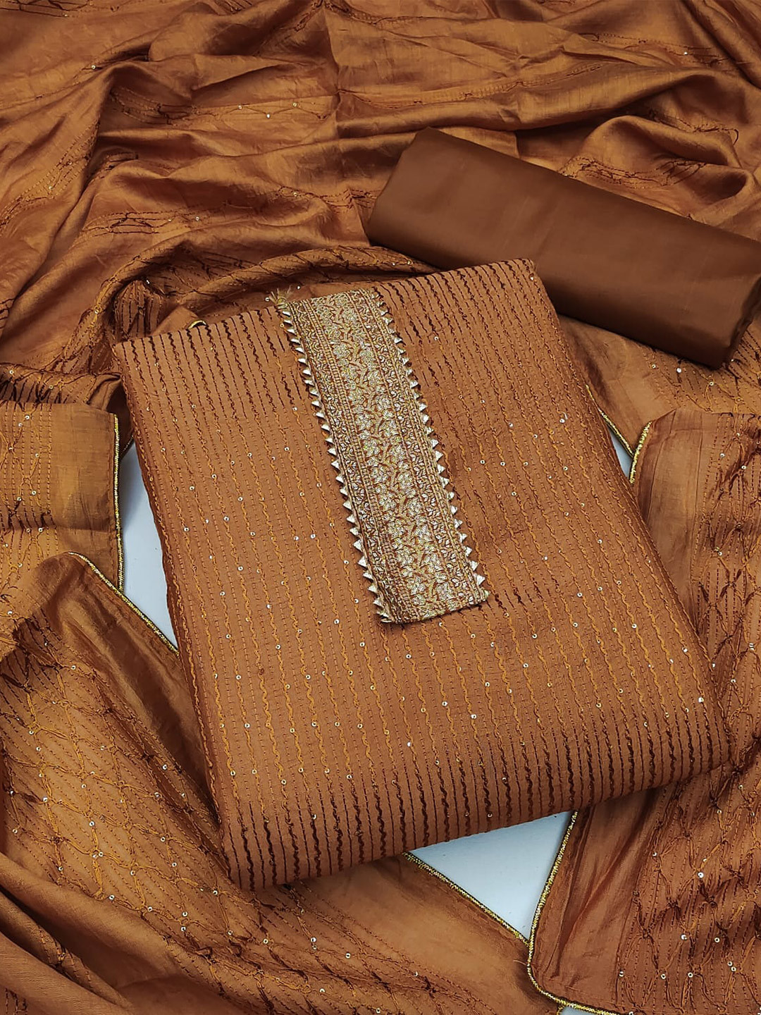 

ZEEPKART Embroidered Sequinned Unstitched Dress Material, Brown