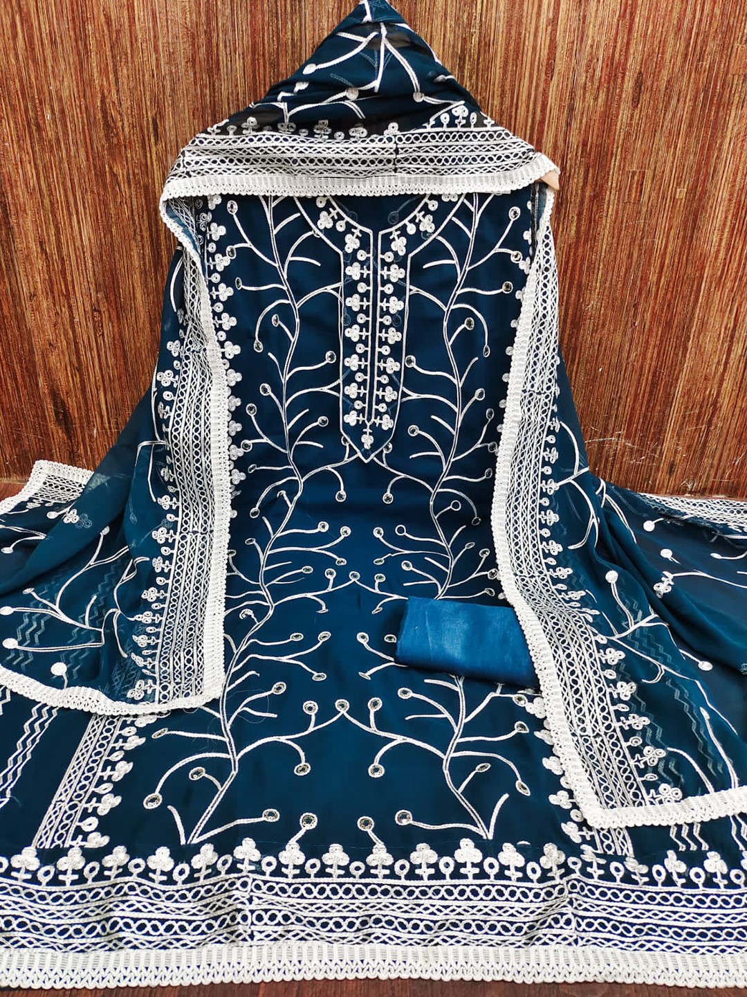 

ZEEPKART Floral Embroidered Unstitched Dress Material, Blue