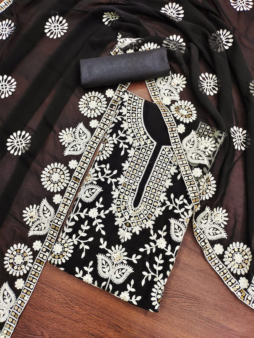 

ZEEPKART Ethnic Motifs Embroidered Unstitched Dress Material, Black
