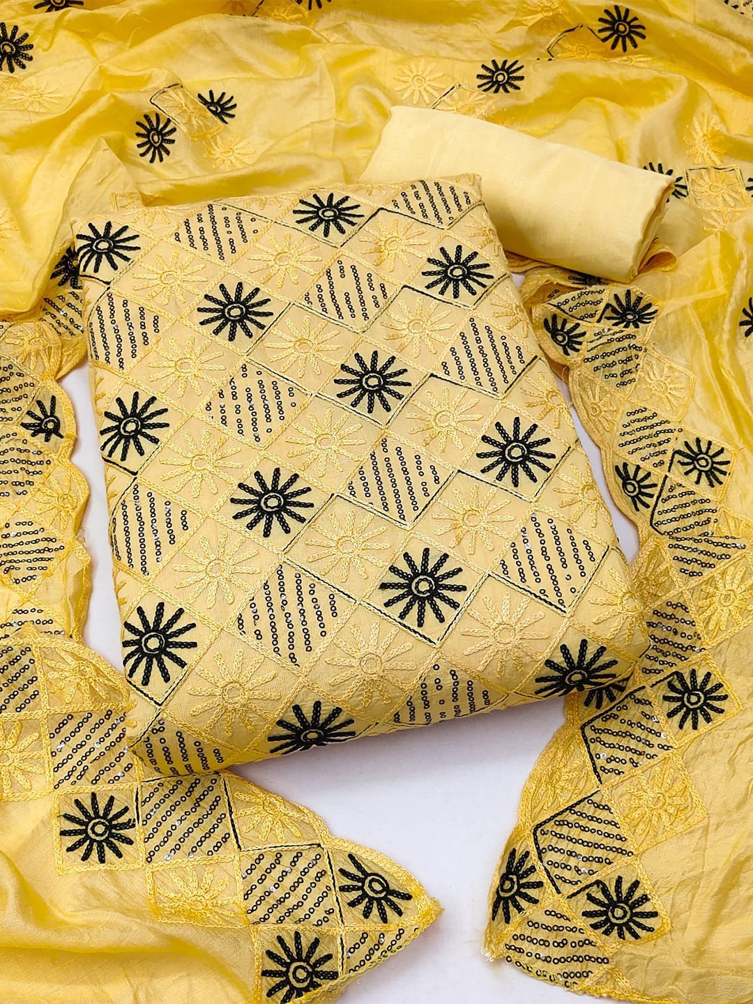 

ZEEPKART Floral Embroidered Unstitched Dress Material, Yellow