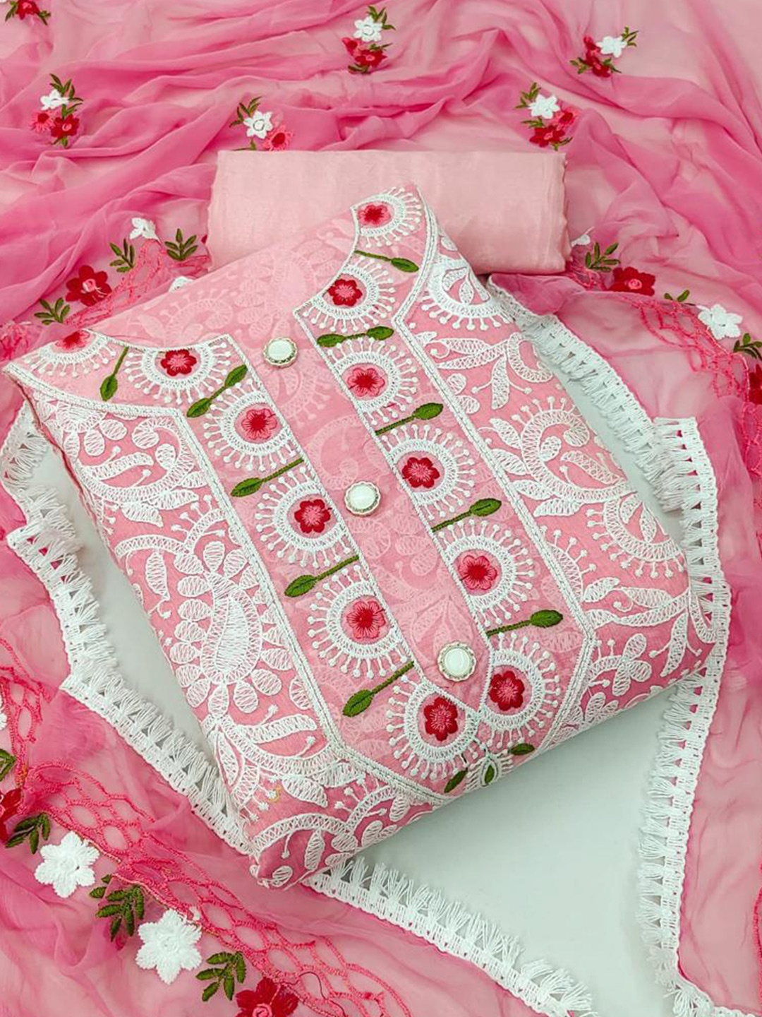 

ZEEPKART Ethnic Motifs Embroidered Unstitched Dress Material, Pink