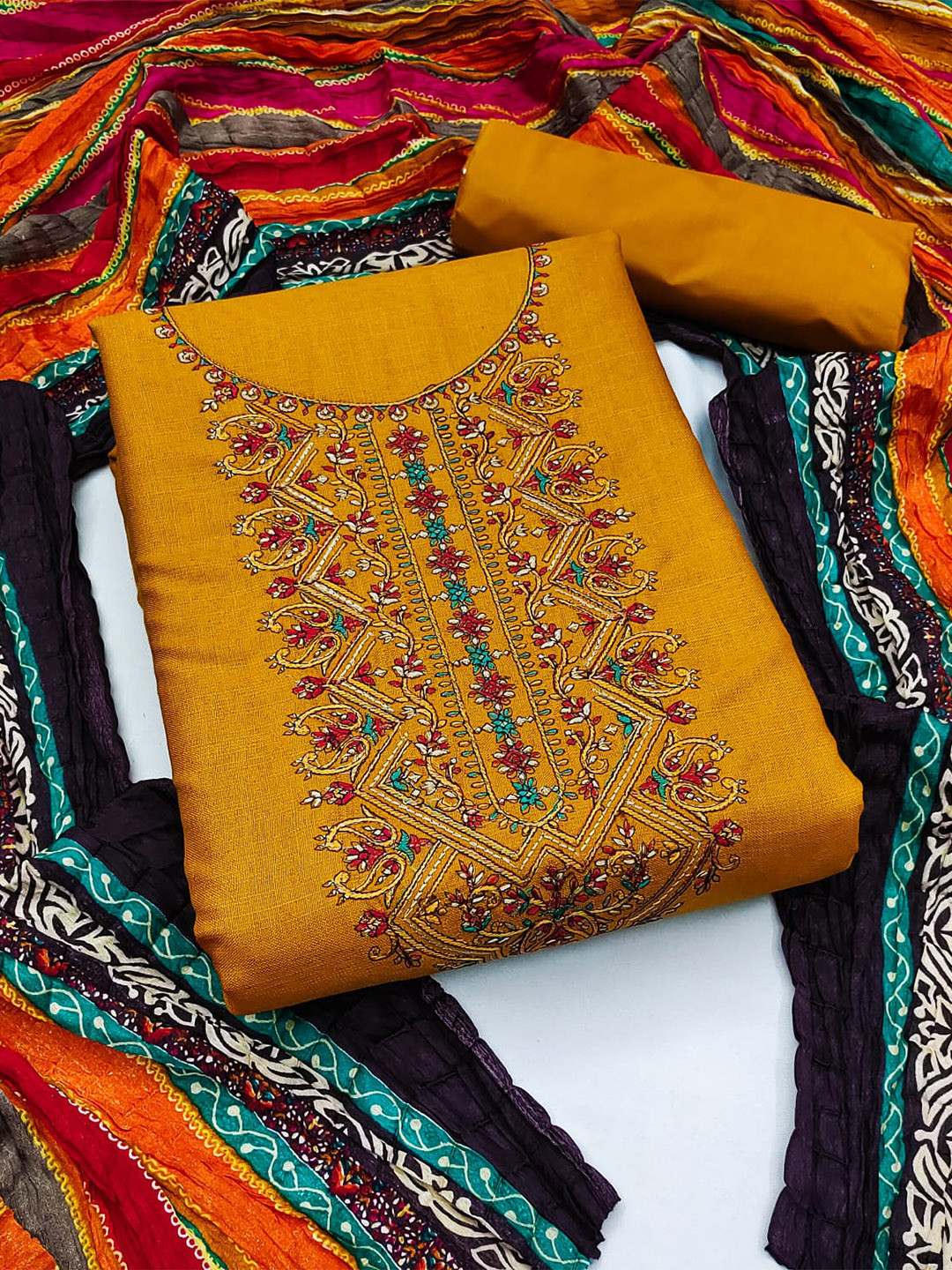 

ZEEPKART Floral Embroidered Unstitched Dress Material, Mustard