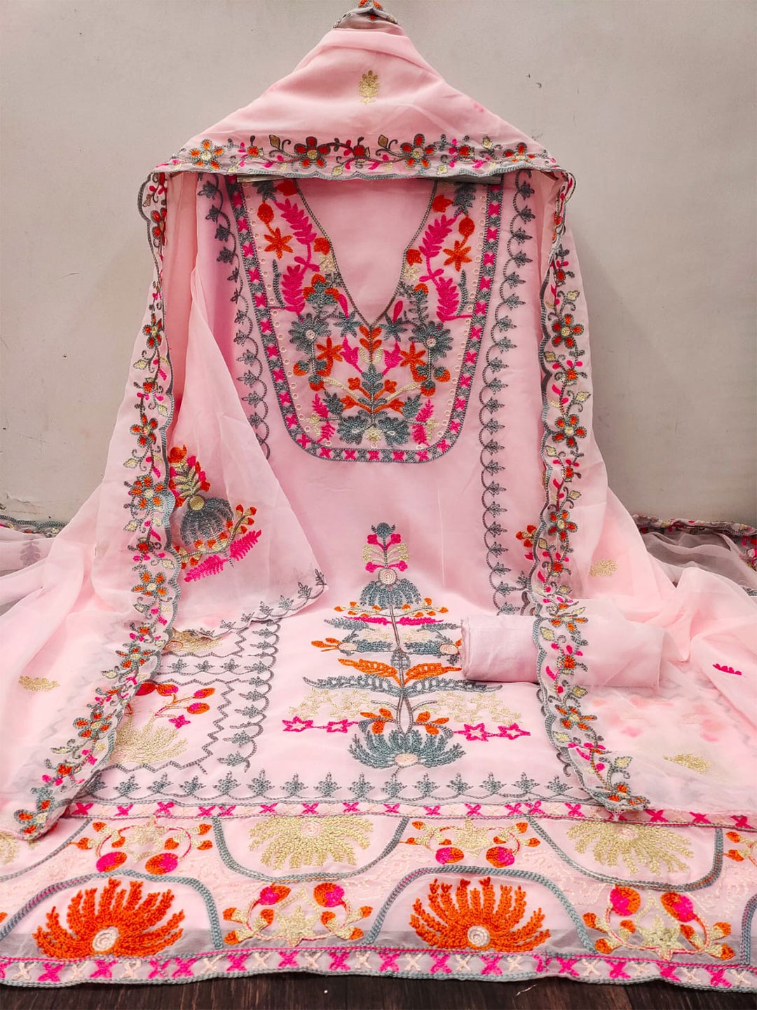 

ZEEPKART Floral Embroidered Unstitched Dress Material, Pink