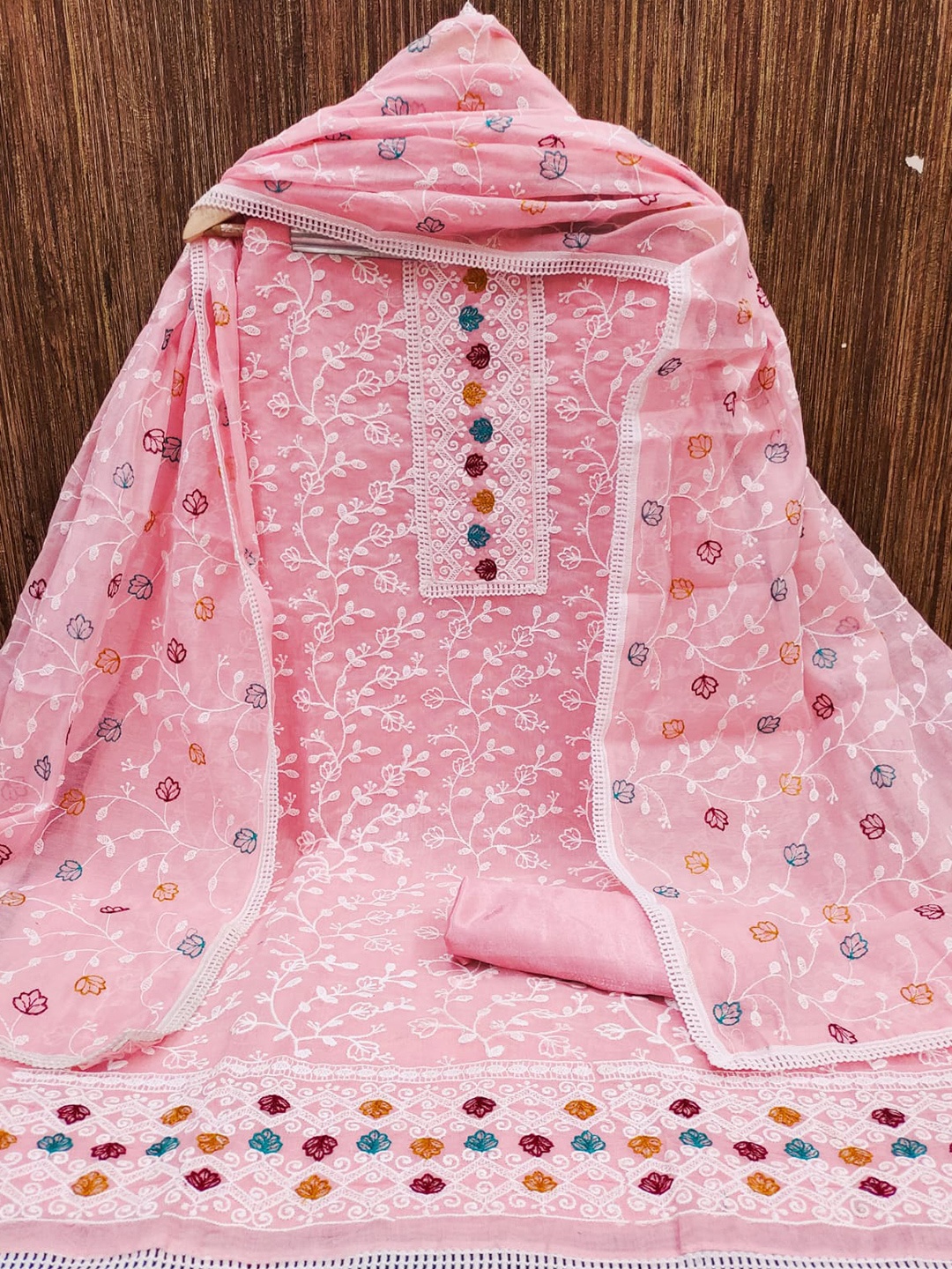 

ZEEPKART Floral Embroidered Unstitched Dress Material, Pink