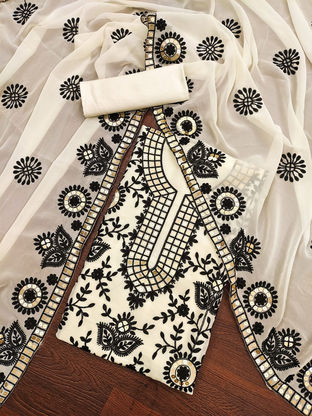 

ZEEPKART Floral Embroidered Unstitched Dress Material, White