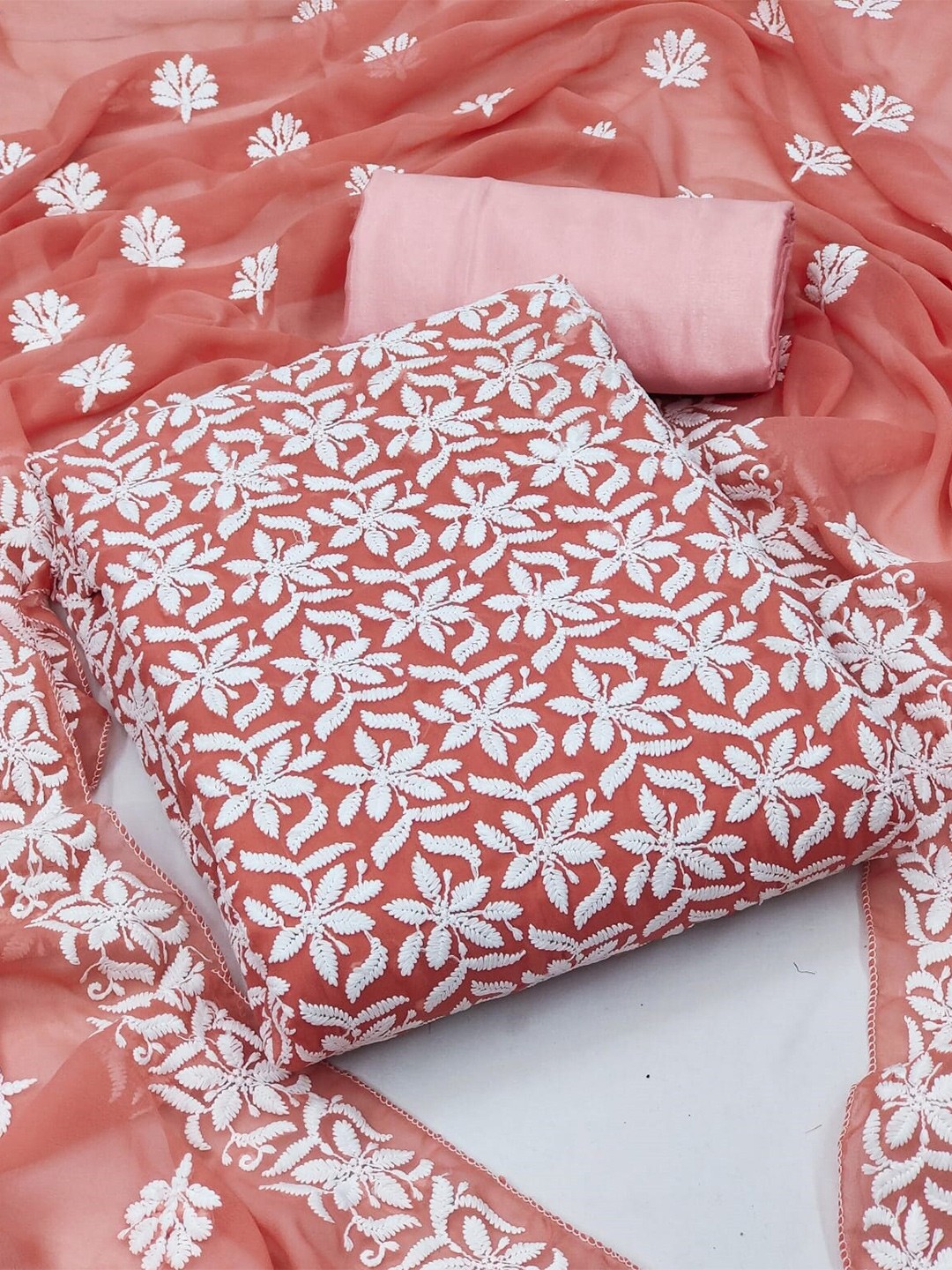 

ZEEPKART Floral Embroidered Unstitched Dress Material, Peach
