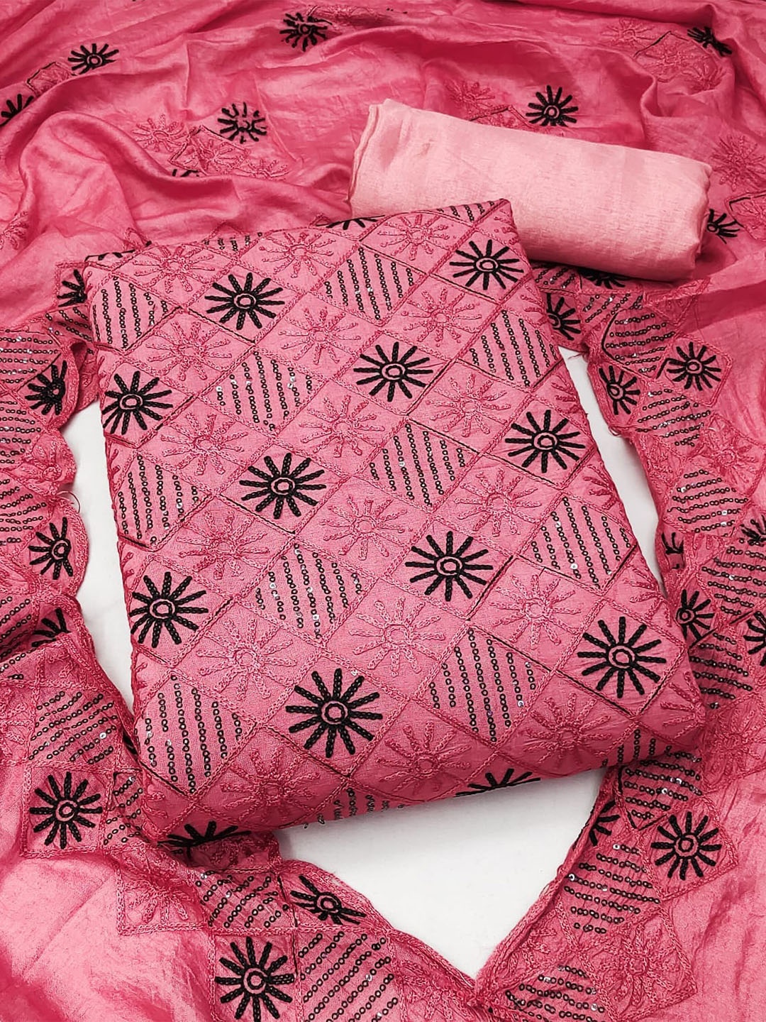 

ZEEPKART Ethnic Motifs Embroidered Sequinned Unstitched Dress Material, Pink