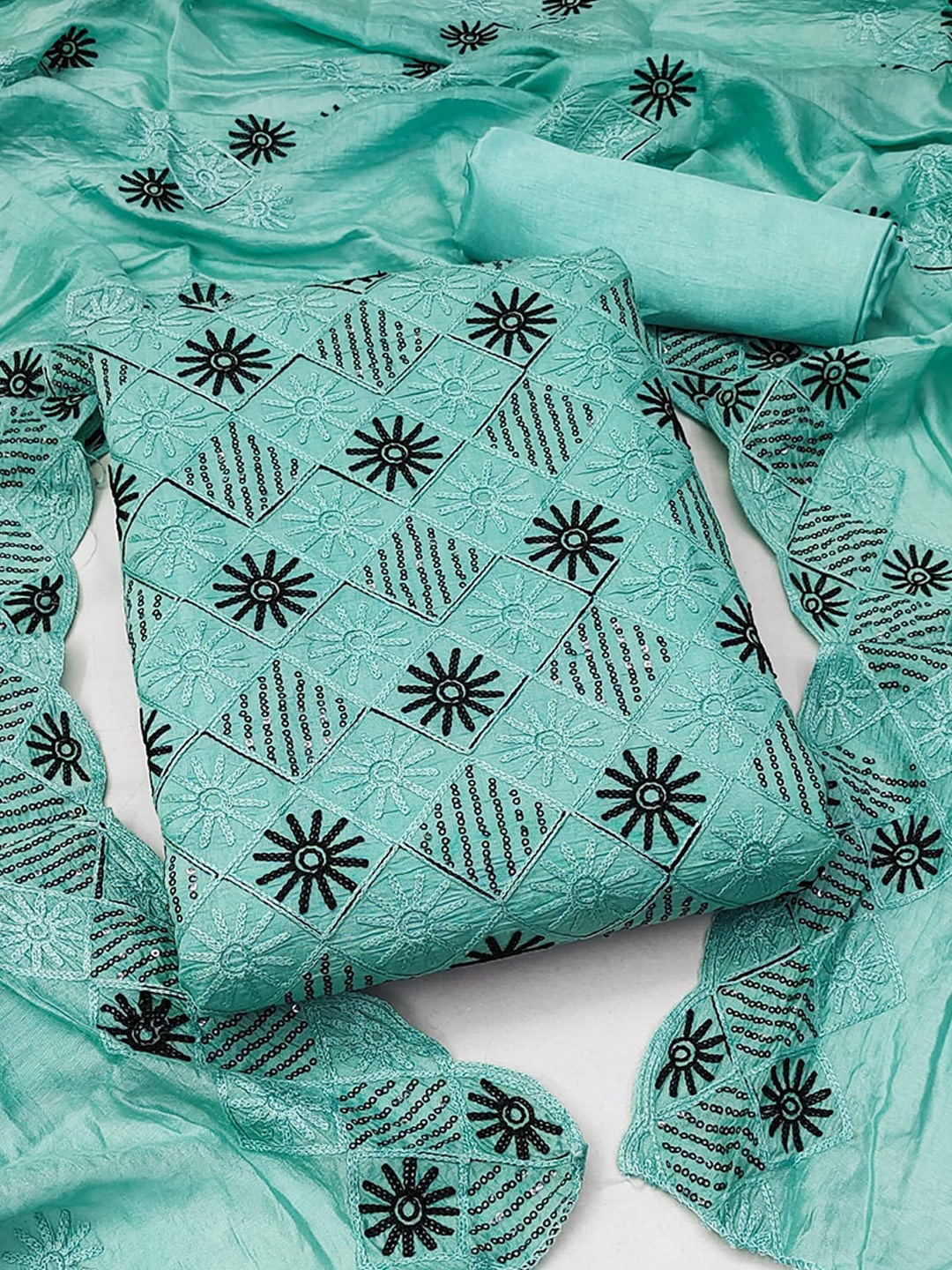 

ZEEPKART Ethnic Motifs Embroidered Sequinned Unstitched Dress Material, Sea green