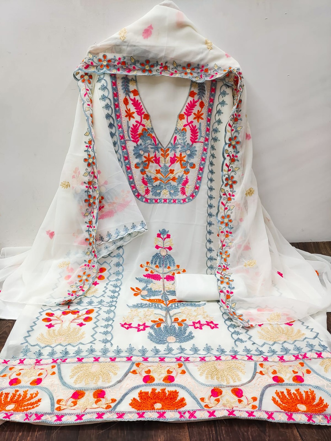 

ZEEPKART Floral Embroidered Unstitched Dress Material, White