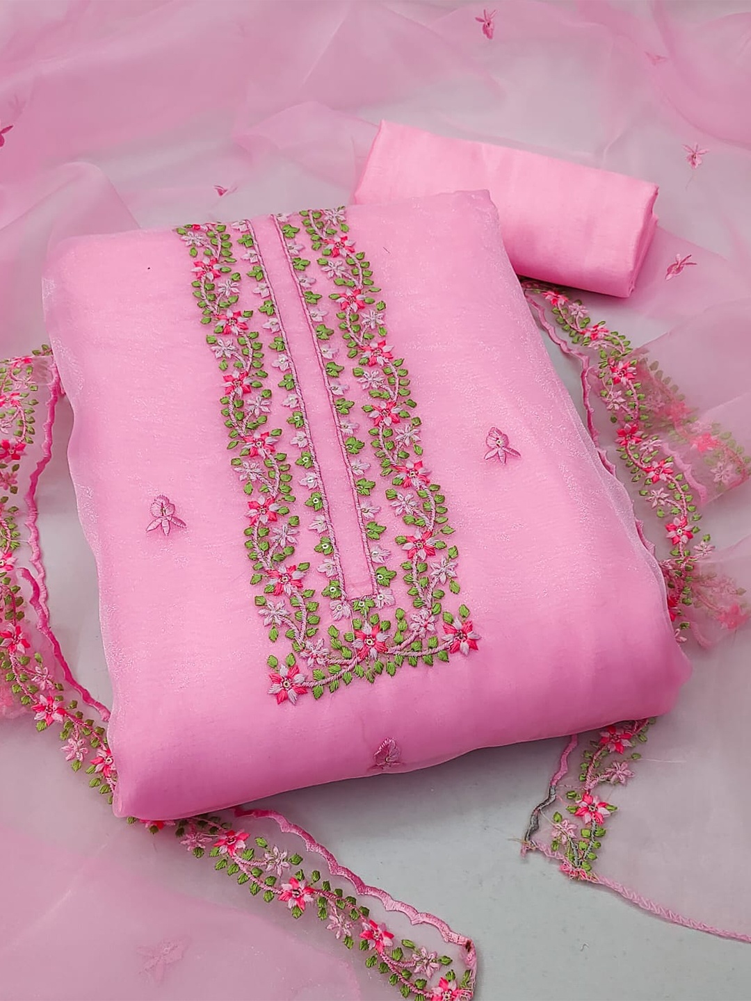 

ZEEPKART Floral Embroidered Sequinned Unstitched Dress Material, Pink