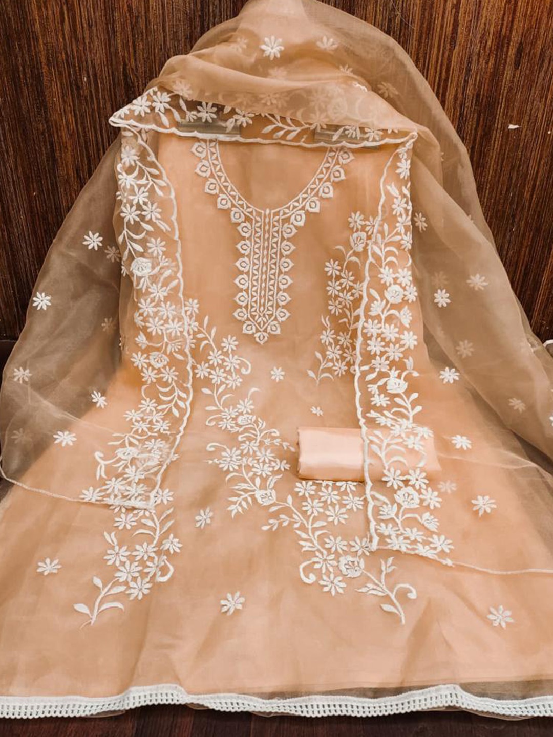 

ZEEPKART Floral Embroidered Unstitched Dress Material, Brown