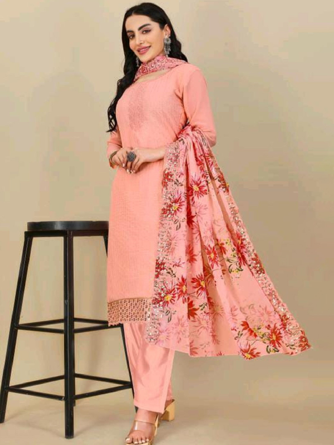 

ZEEPKART Embroidered Unstitched Dress Material, Pink