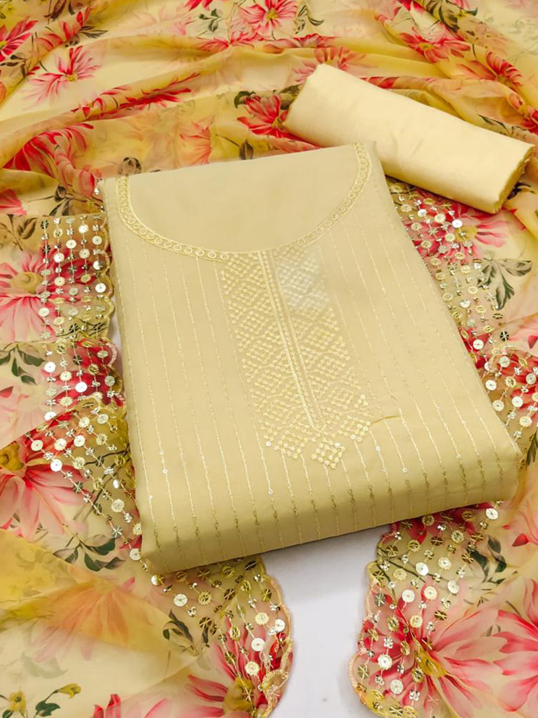 

ZEEPKART Embroidered Unstitched Dress Material, Brown