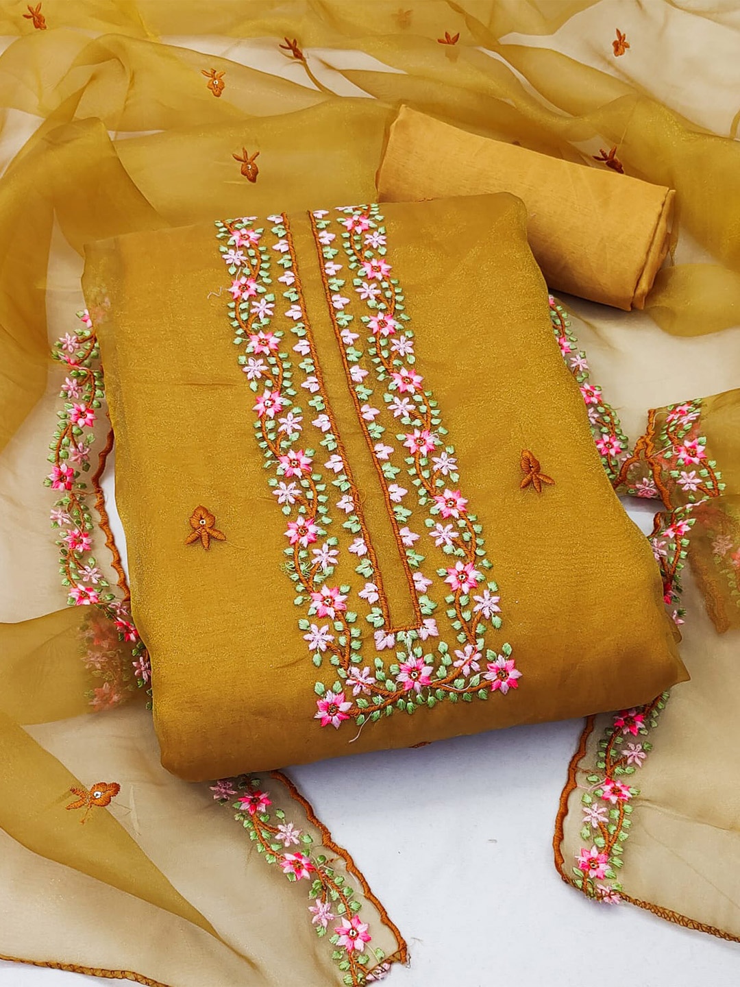 

ZEEPKART Embroidered Organza Unstitched Dress Material, Mustard