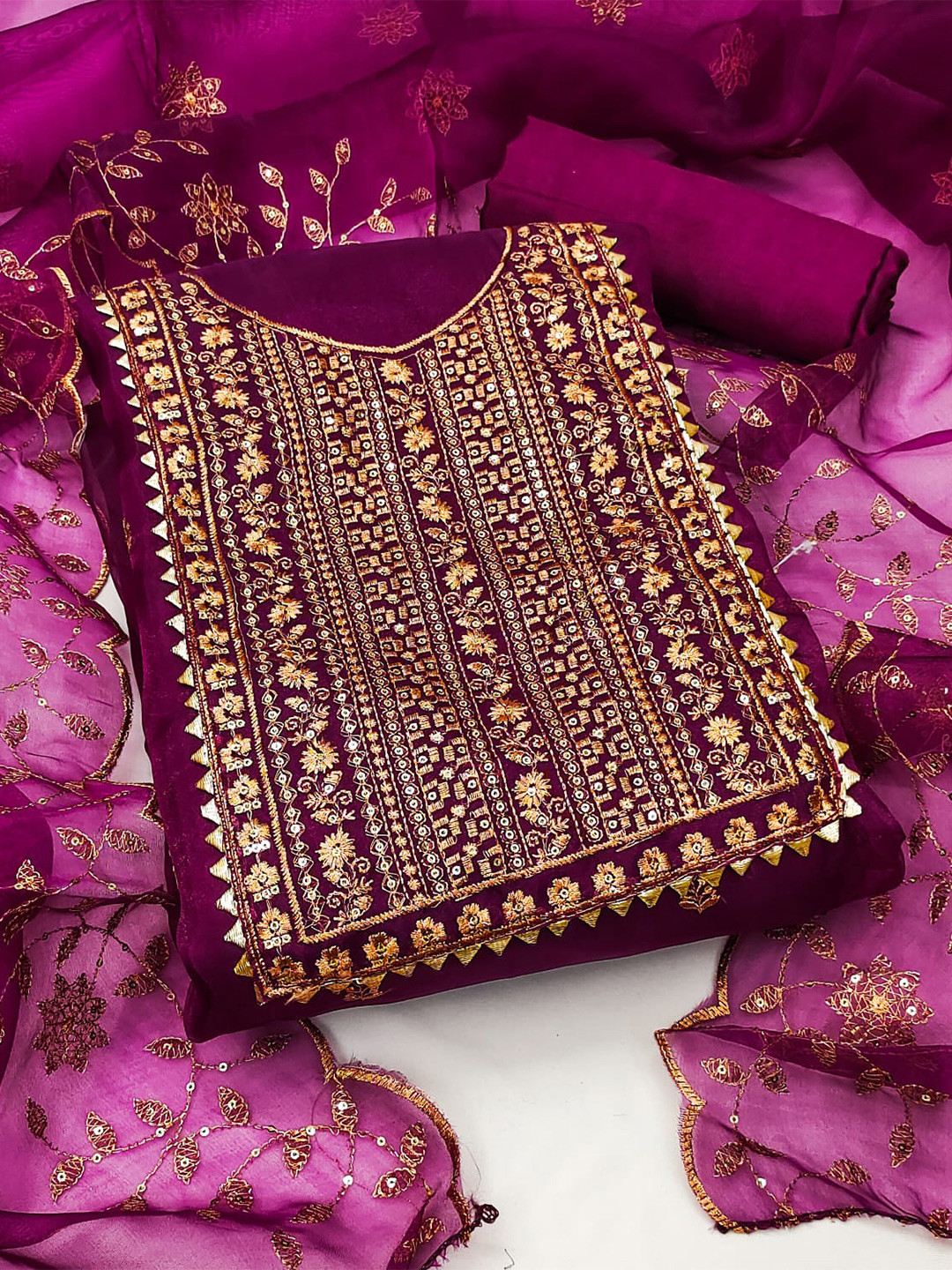 

ZEEPKART Ethnic Embroidered Organza Unstitched Dress Material, Purple