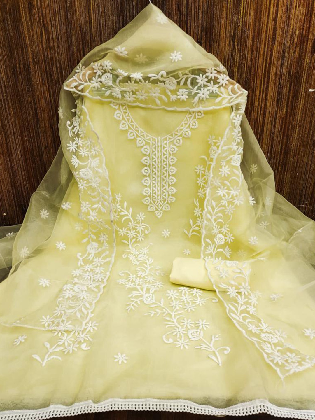 

ZEEPKART Floral Embroidered Organza Unstitched Dress Material, Yellow
