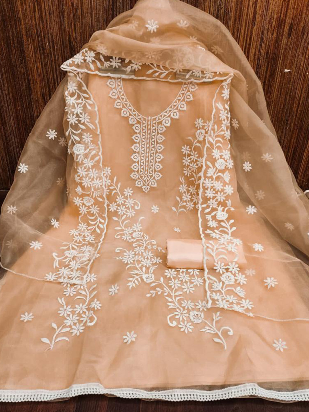 

ZEEPKART Floral Embroidered Organza Unstitched Dress Material, Brown