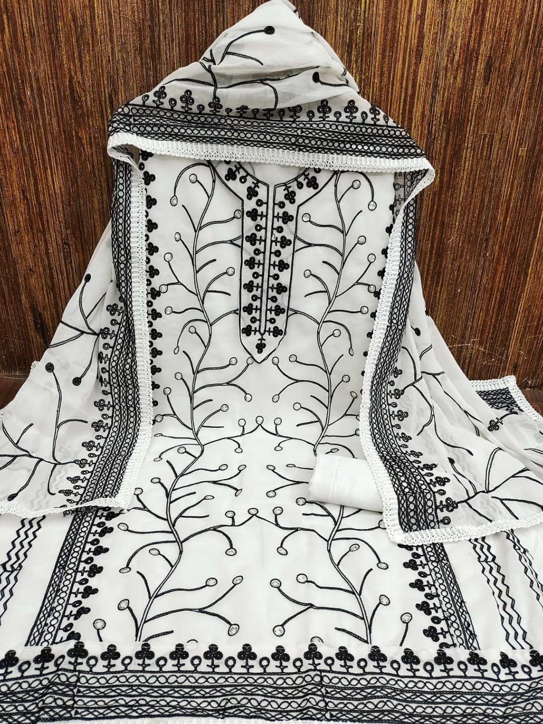 

ZEEPKART Floral Embroidered Sequined Unstitched Dress Material, White