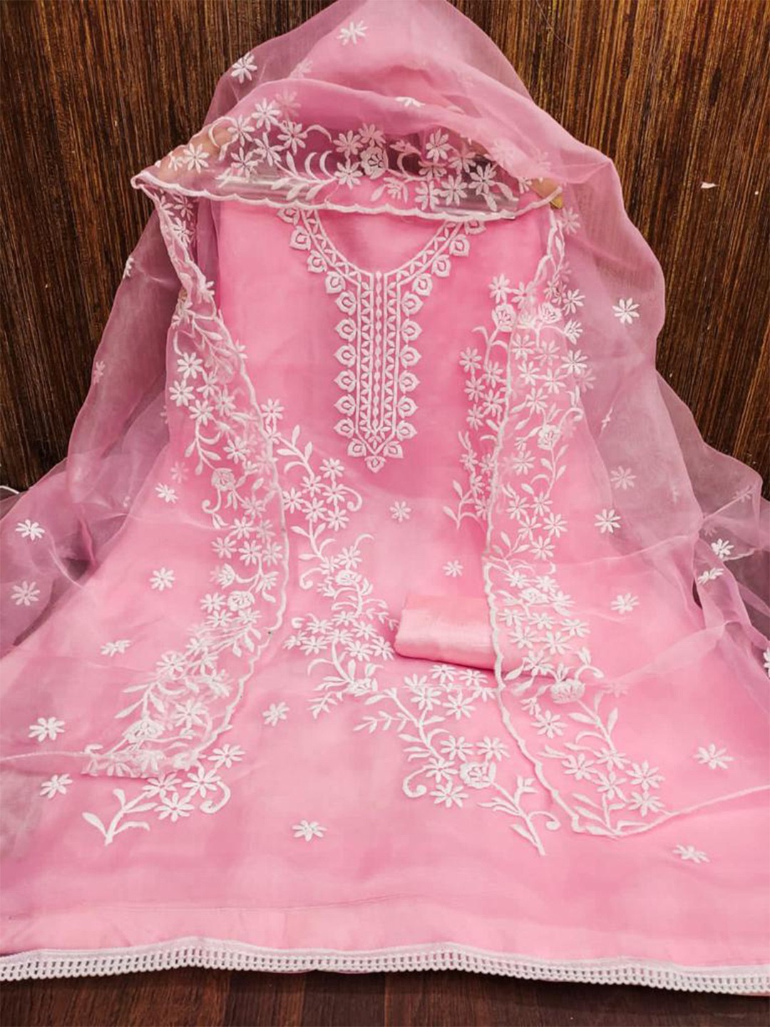 

ZEEPKART Floral Embroidered Organza Unstitched Dress Material, Pink