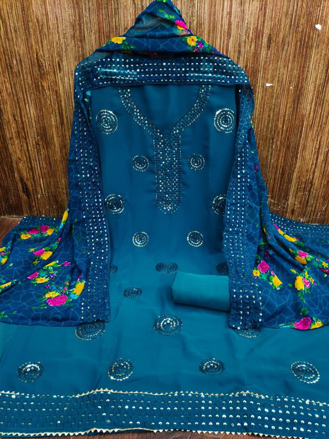 

ZEEPKART Sequined Embeliished Organza Unstitched Dress Material, Blue