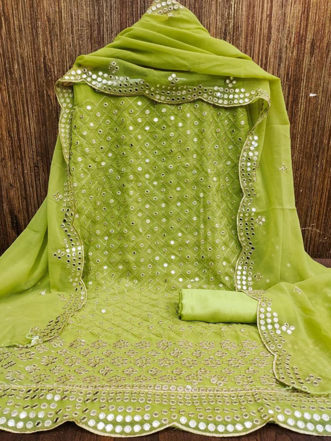 

ZEEPKART Embellished Mirror Work Unstitched Dress Material, Green