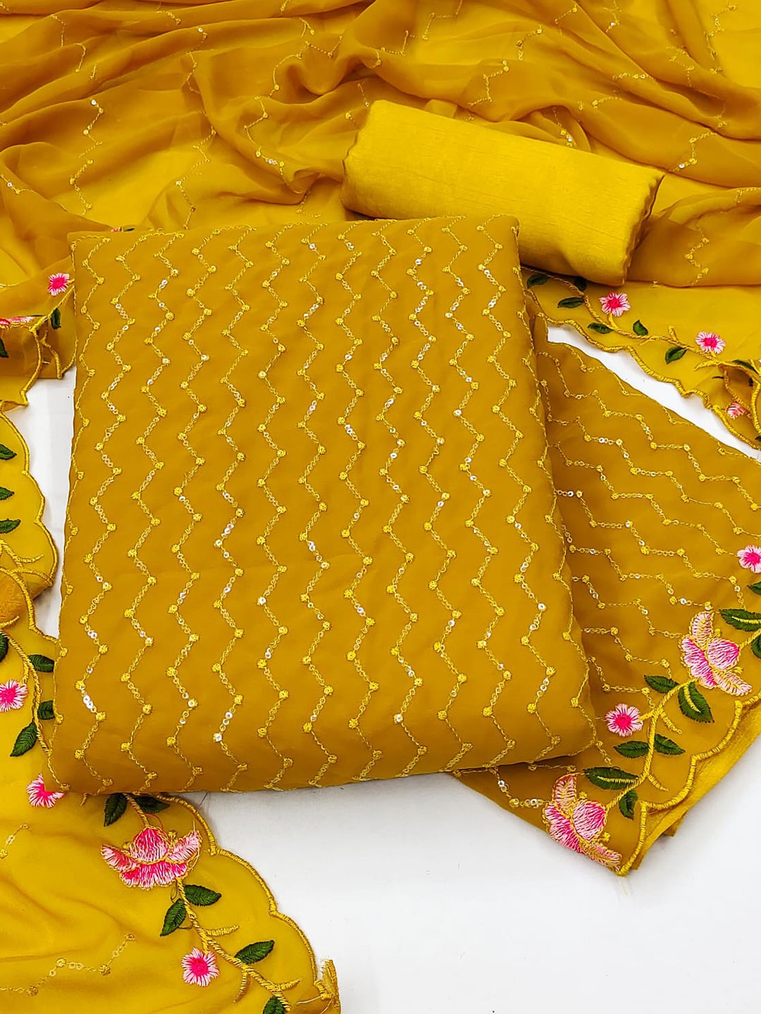 

ZEEPKART Sequinned Unstitched Dress Material, Mustard