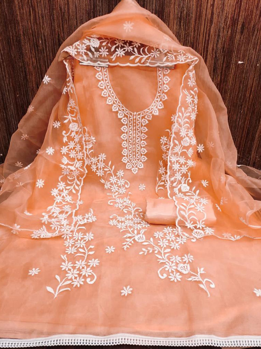 

ZEEPKART Embroidered Organza Unstitched Dress Material, Orange