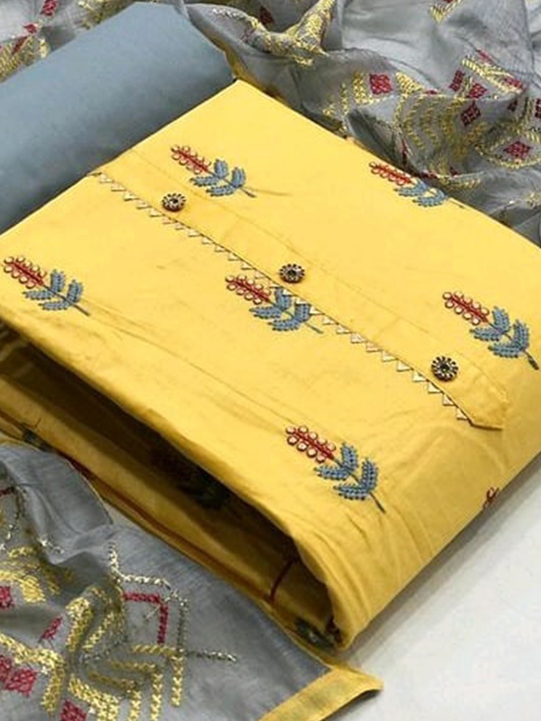 

ZEEPKART Floral Embroidered Gotta Patti Unstitched Dress Material, Yellow