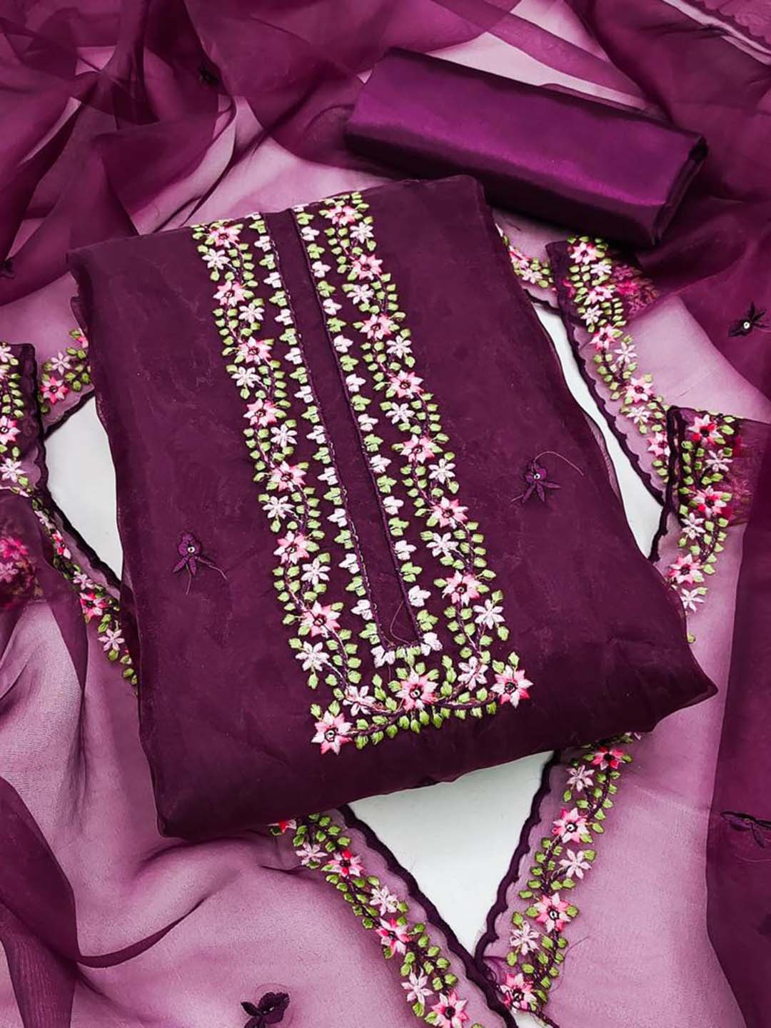 

ZEEPKART Floral Embroidered Sequinned Unstitched Dress Material, Purple