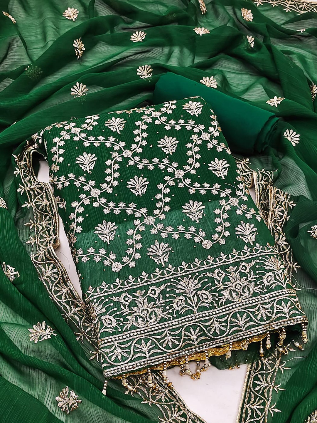 

ZEEPKART Ethnic Motifs Woven Design Unstitched Dress Material, Green