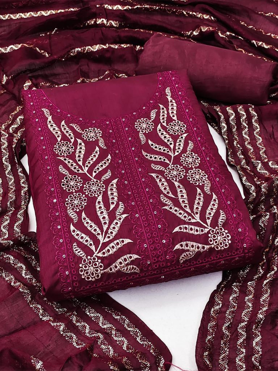 

ZEEPKART Embroidered Unstitched Dress Material, Maroon