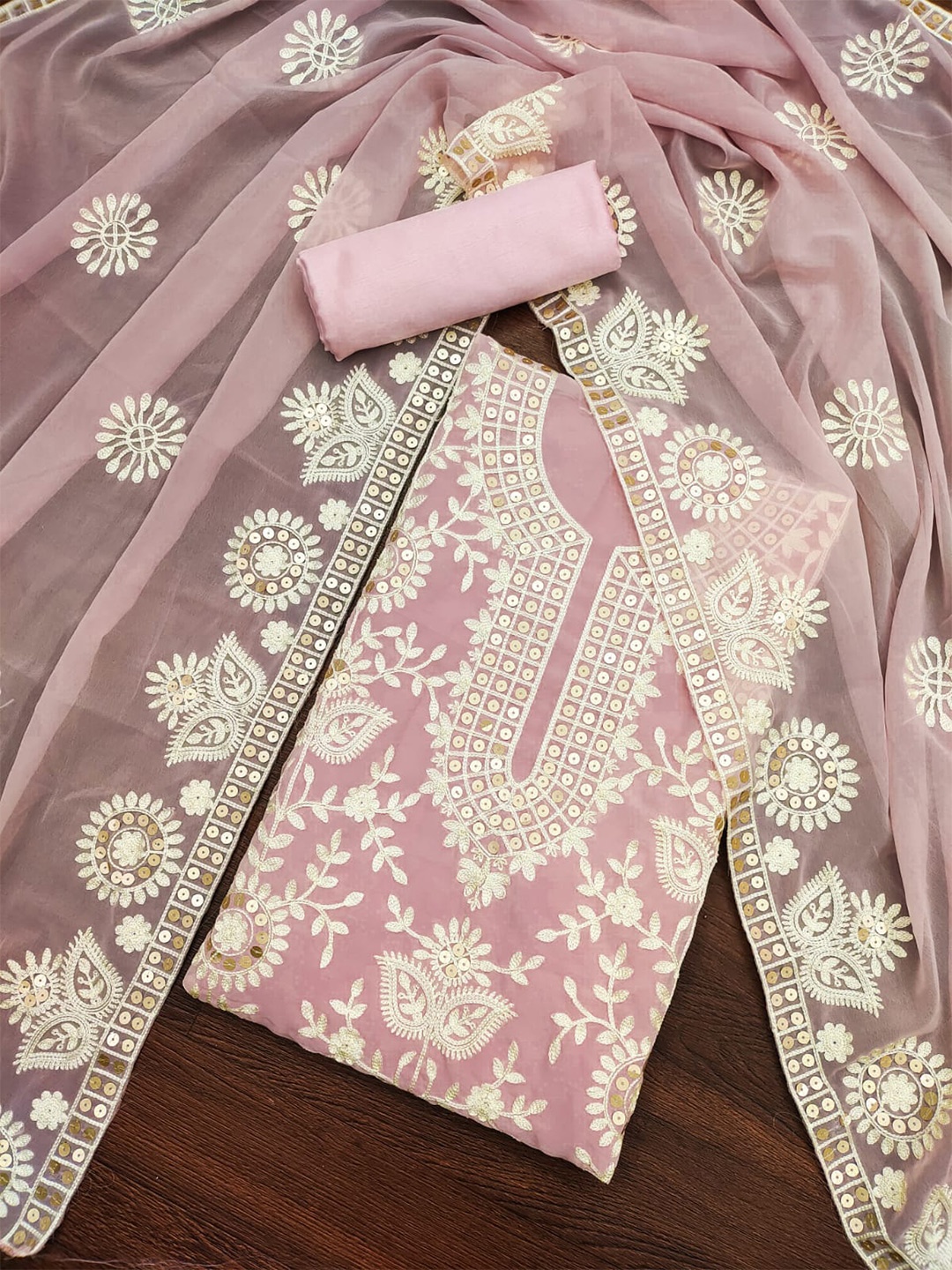 

ZEEPKART Pink & Off White Unstitched Dress Material