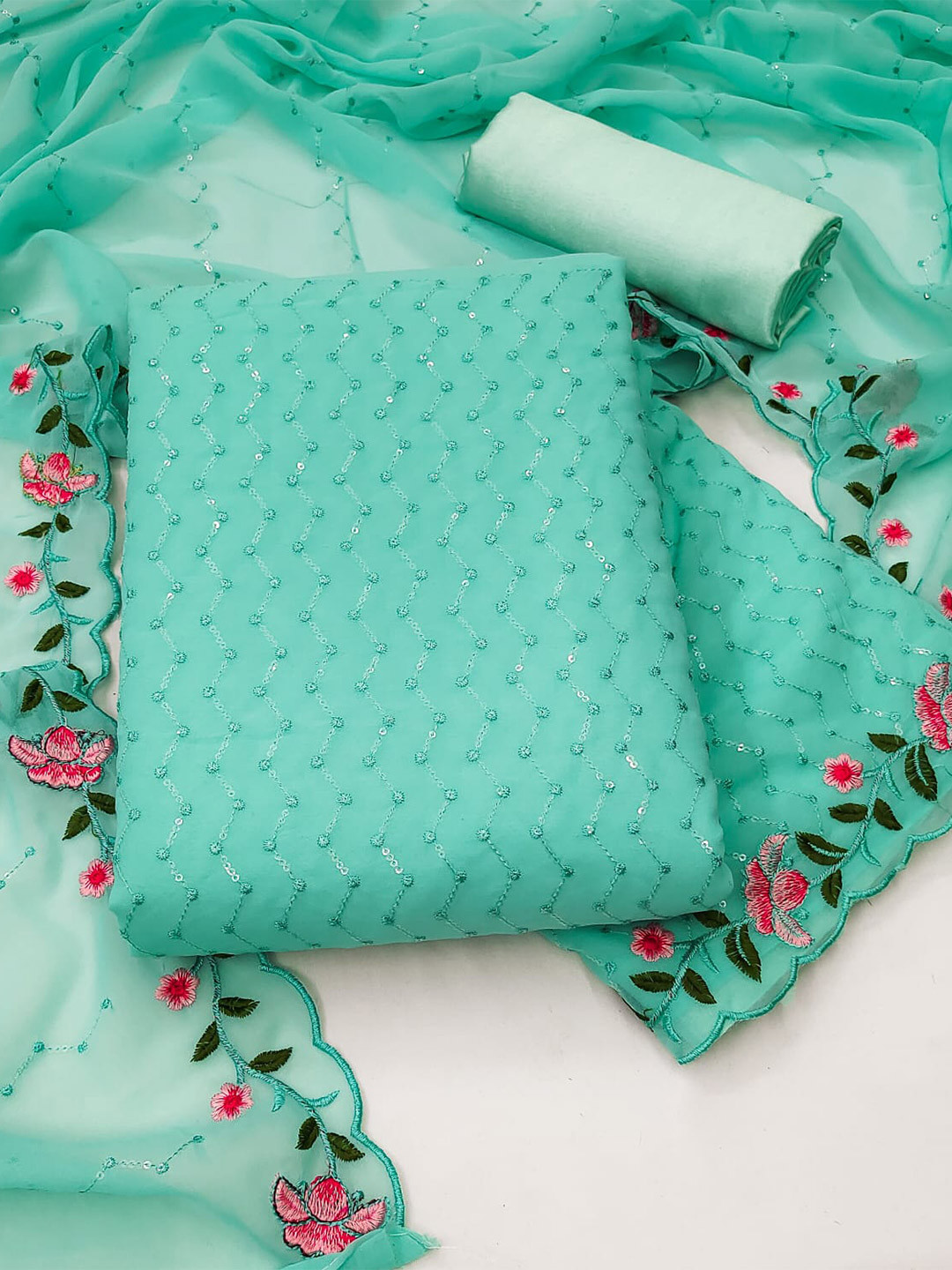 

ZEEPKART Floral Embroidered Sequinned Unstitched Dress Material, Turquoise blue