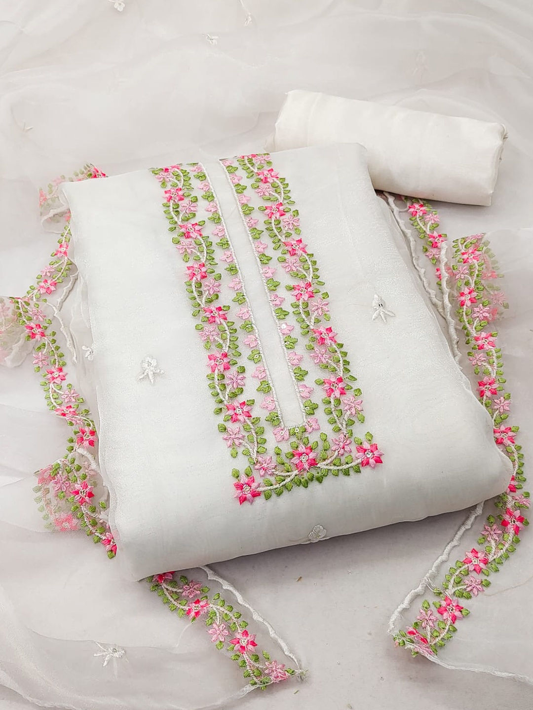 

ZEEPKART Floral Embroidered Unstitched Dress Material, White