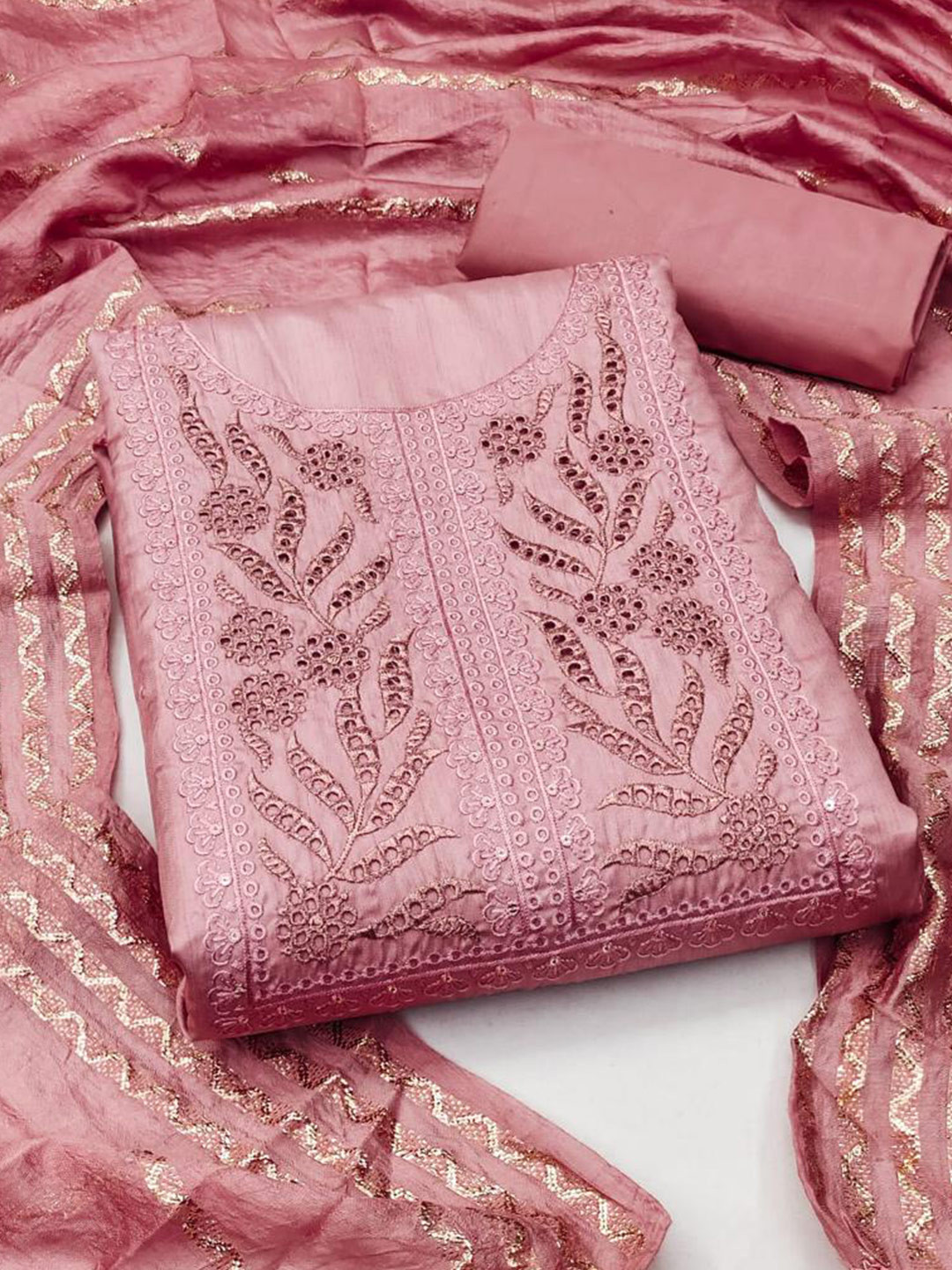

ZEEPKART Floral Embroidered Unstitched Dress Material, Pink