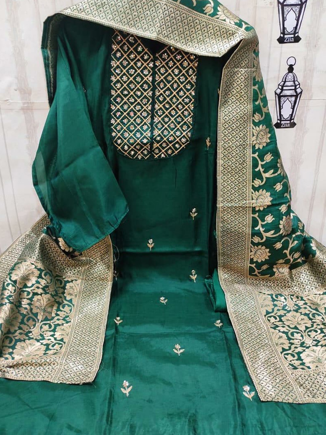 

ZEEPKART Ethnic Motifs Woven Design Unstitched Dress Material, Green