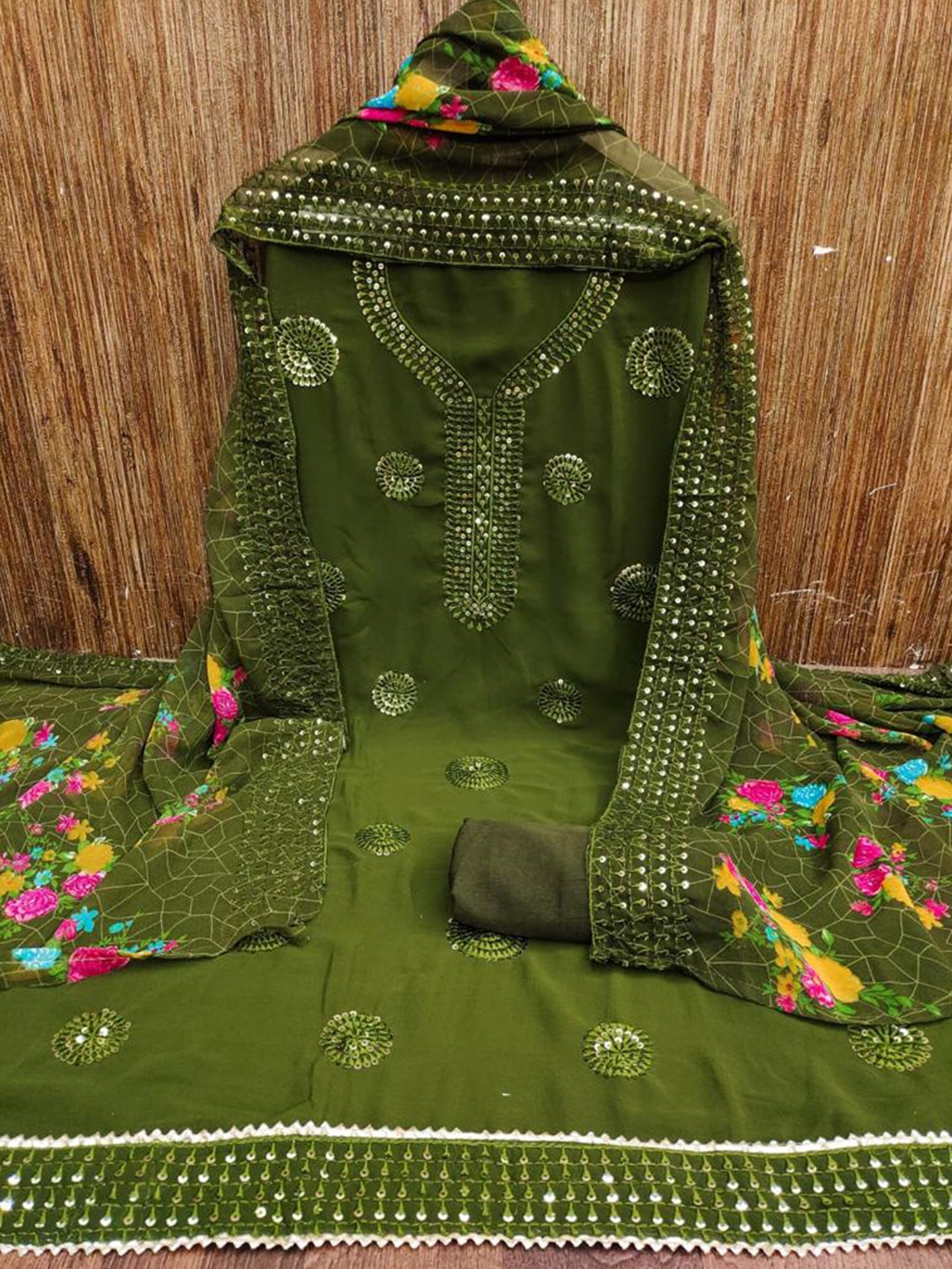 

ZEEPKART Ethnic Motifs Embellished Organza Unstitched Dress Material, Green
