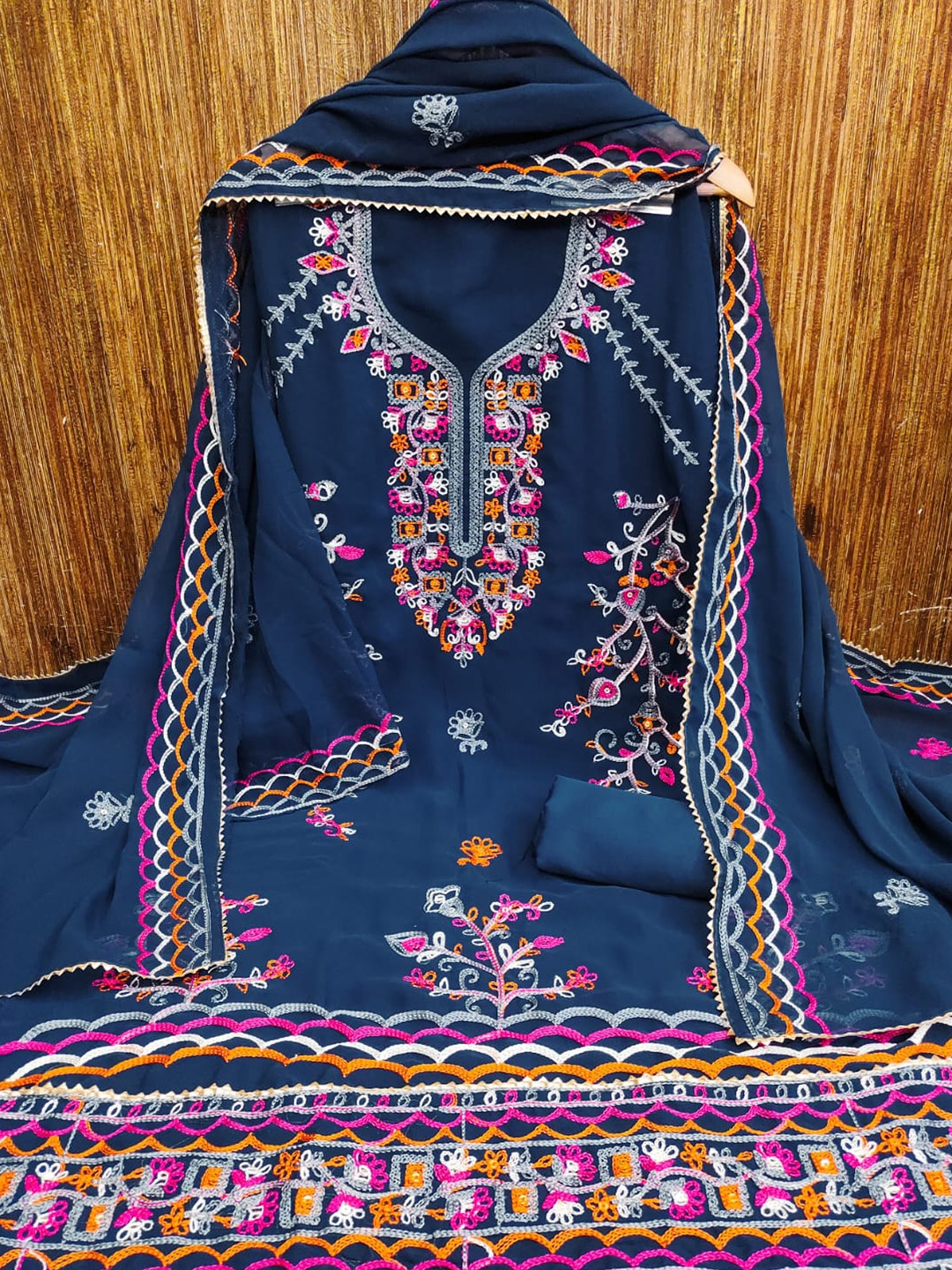 

ZEEPKART Ethnic Motifs Embroidered Unstitched Dress Material, Blue