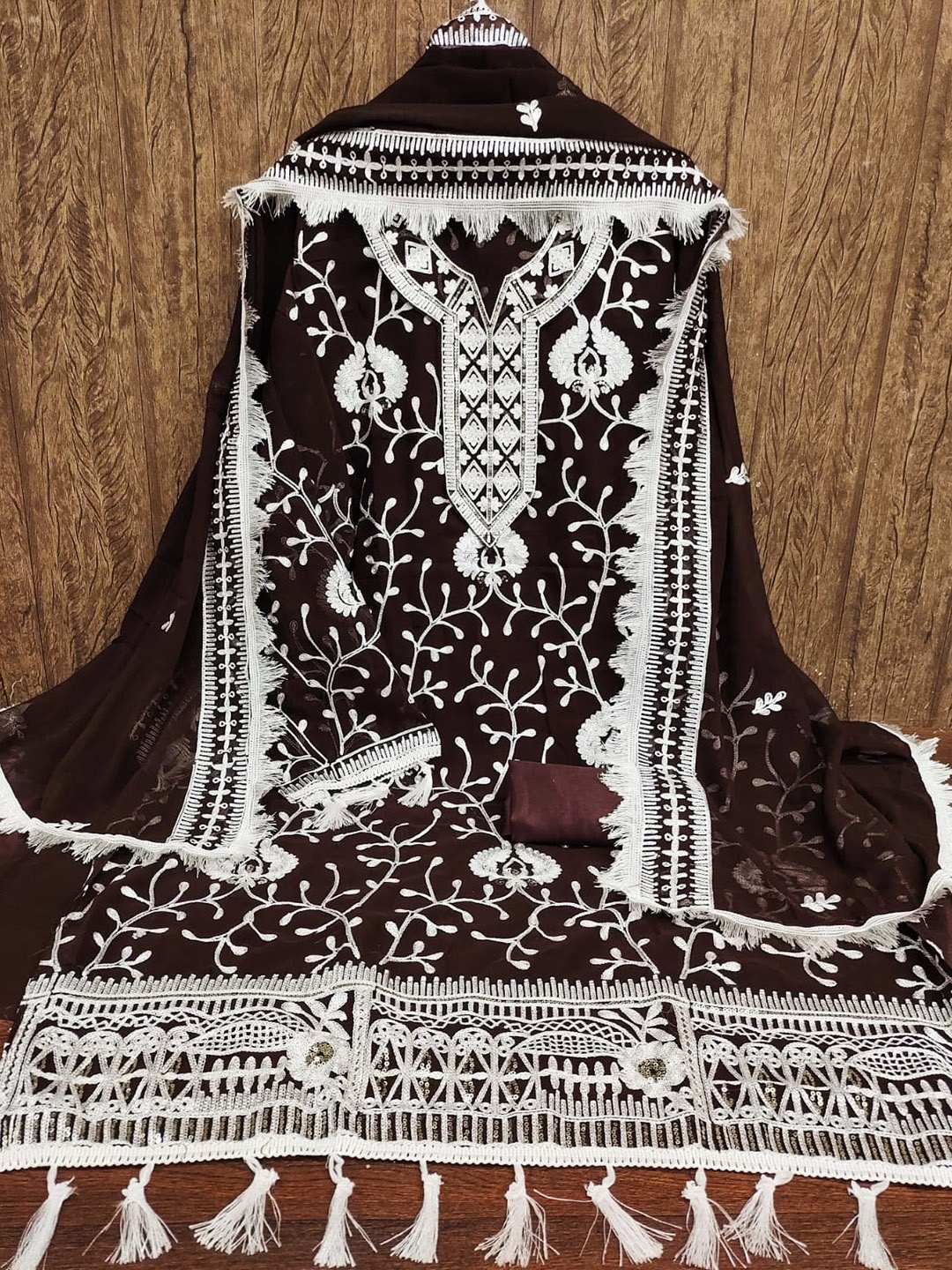 

ZEEPKART Ethnic Motifs Embroidered Unstitched Dress Material, Brown