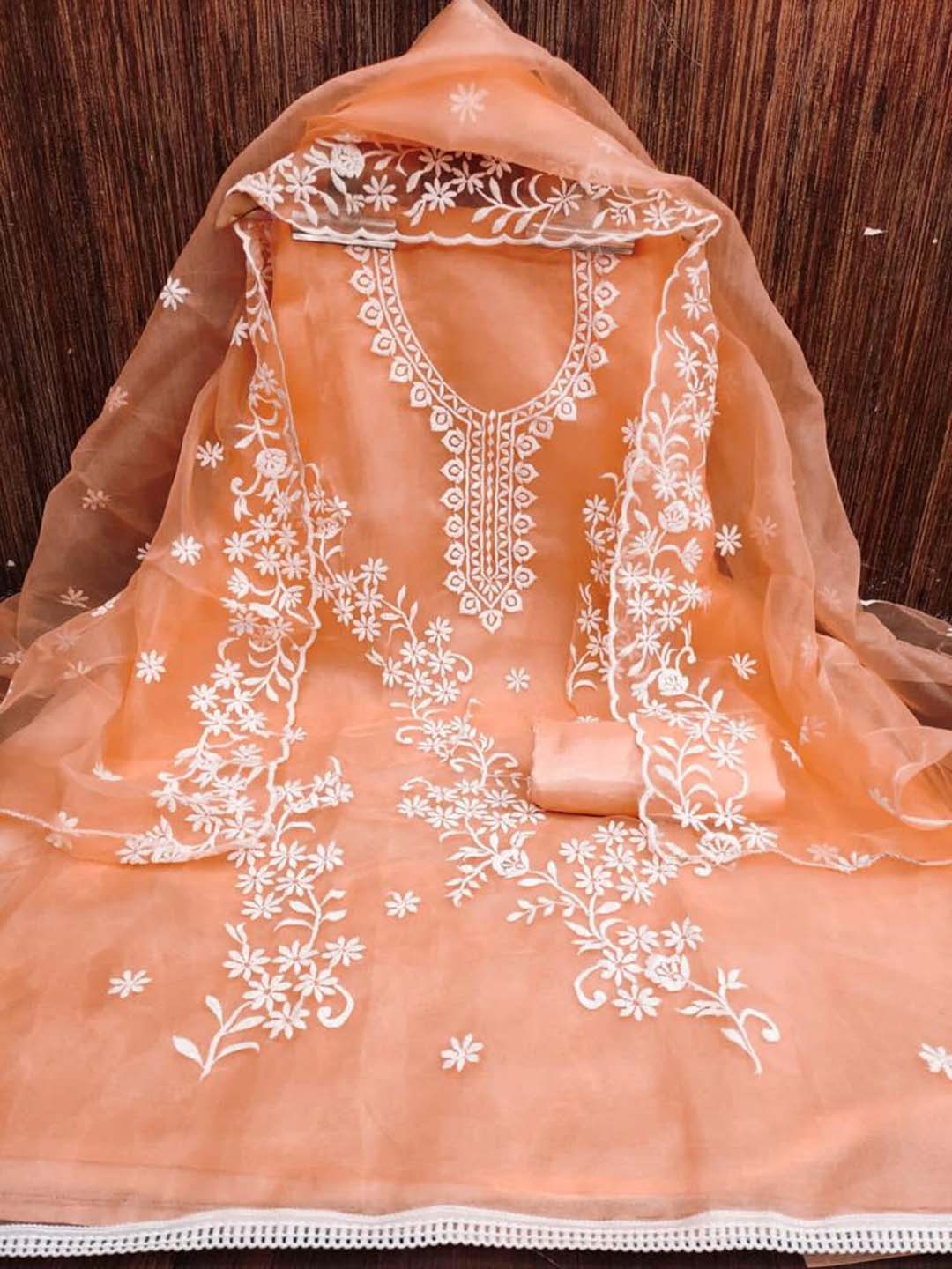 

ZEEPKART Floral Embroidered Organza Unstitched Dress Material, Orange