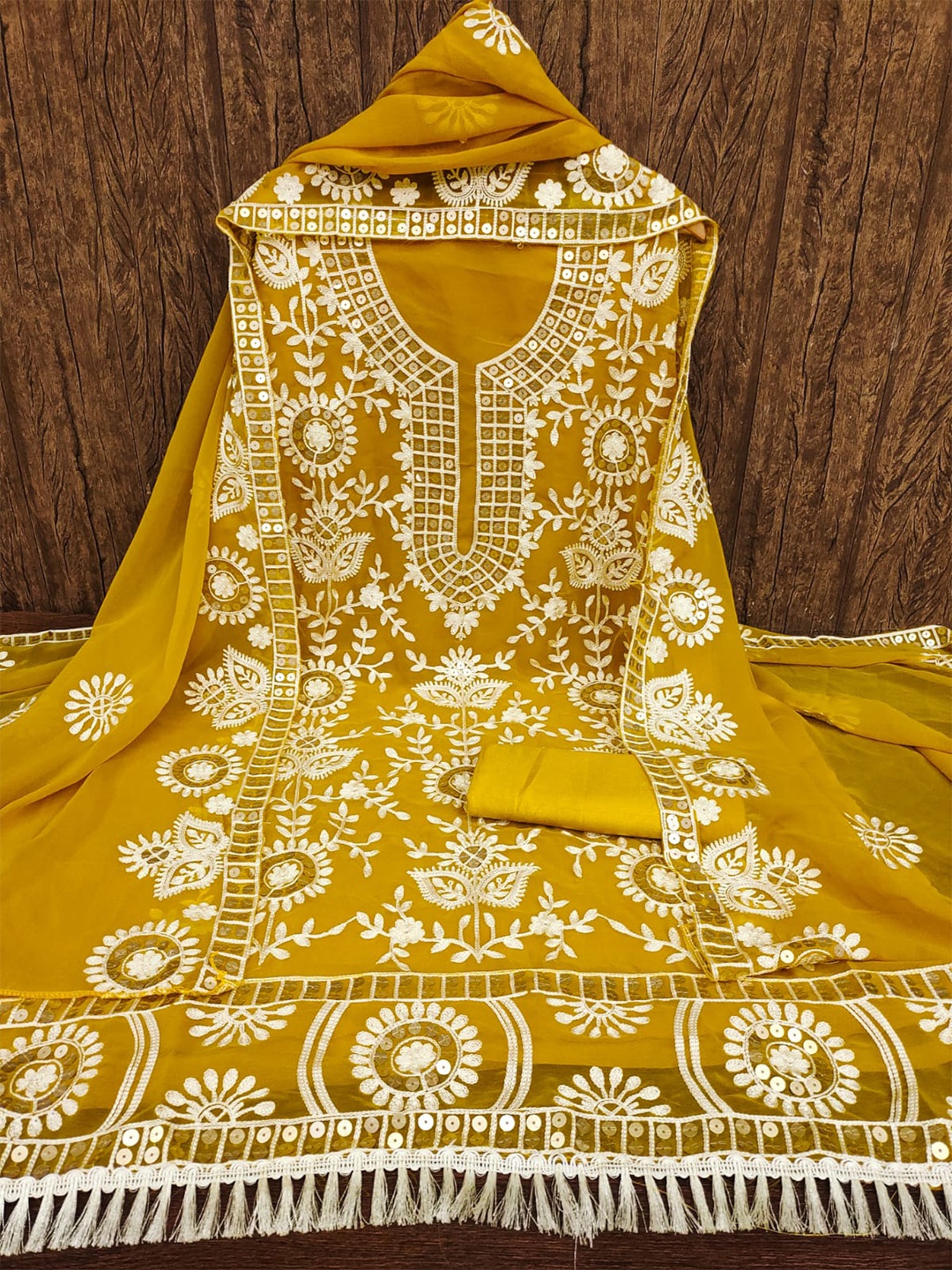 

ZEEPKART Floral Embroidered Unstitched Dress Material, Mustard