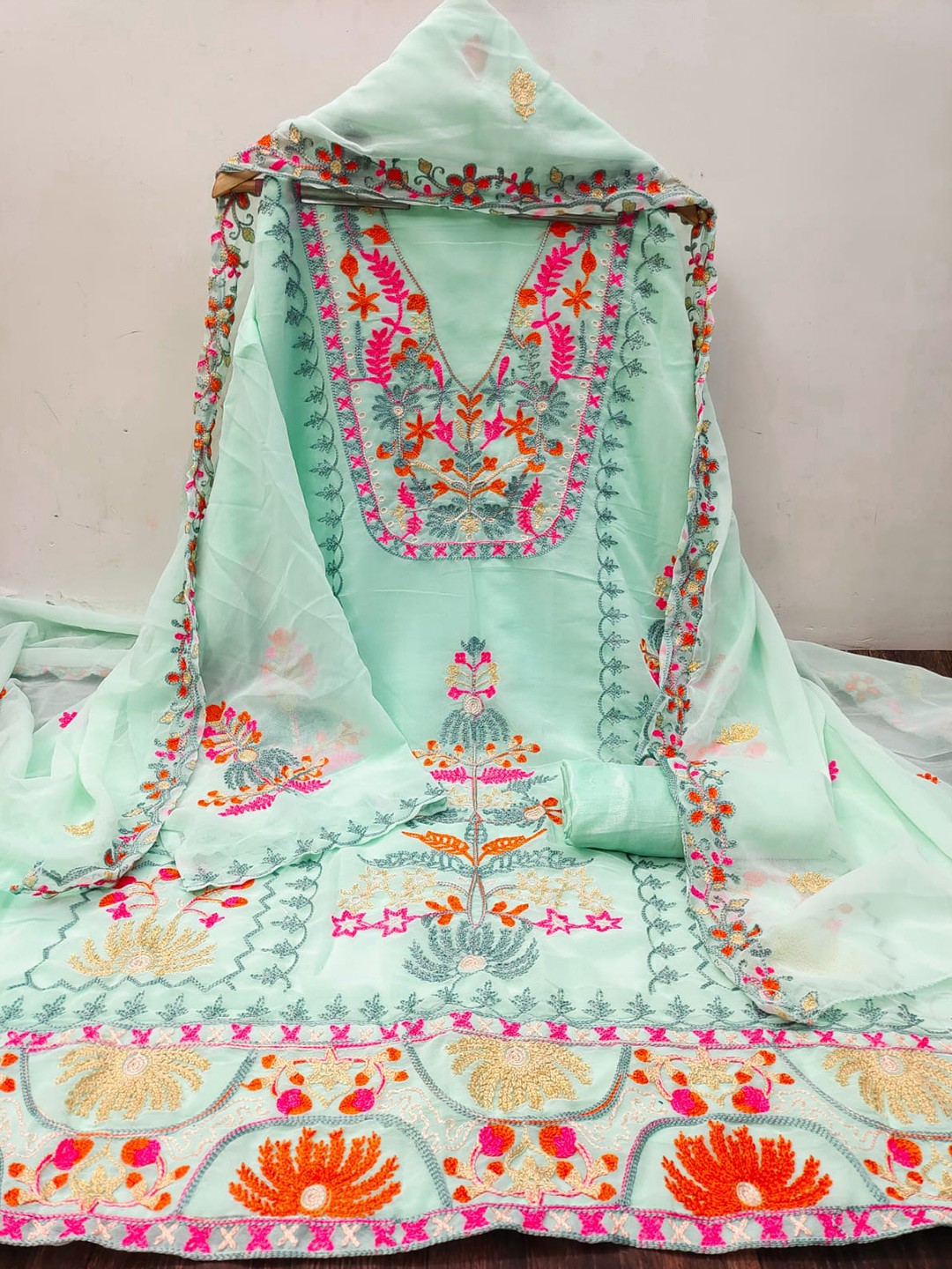 

ZEEPKART Floral Embroidered Unstitched Dress Material, Blue