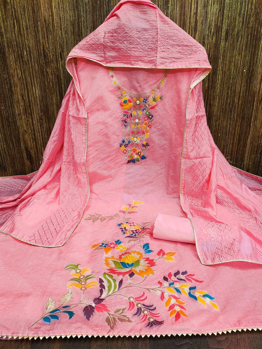 

ZEEPKART Floral Embroidered Unstitched Dress Material, Pink